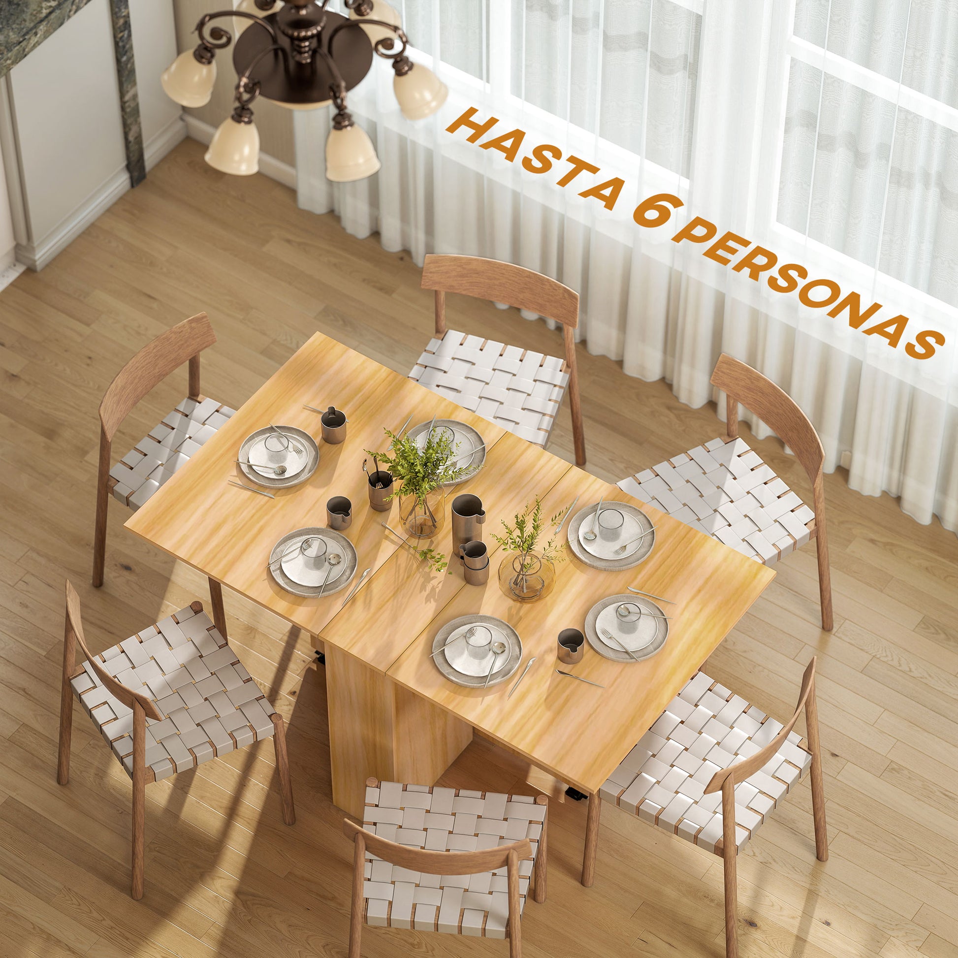 Folding Dining Table Kitchen Table with Wheels Foldable Wings Shelves for 4-6 People 80x140x74cm Natural Wood