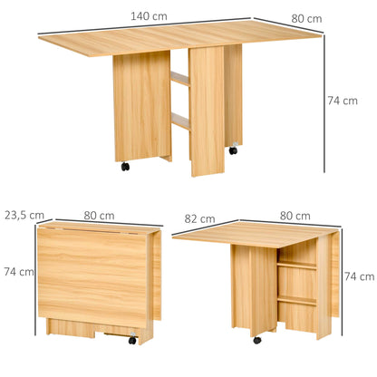 Folding Dining Table Kitchen Table with Wheels Foldable Wings Shelves for 4-6 People 80x140x74cm Natural Wood