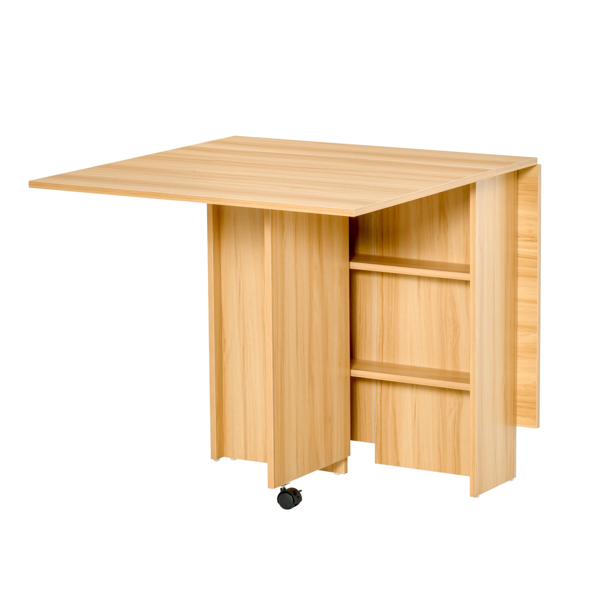 Folding Dining Table Kitchen Table with Wheels Foldable Wings Shelves for 4-6 People 80x140x74cm Natural Wood
