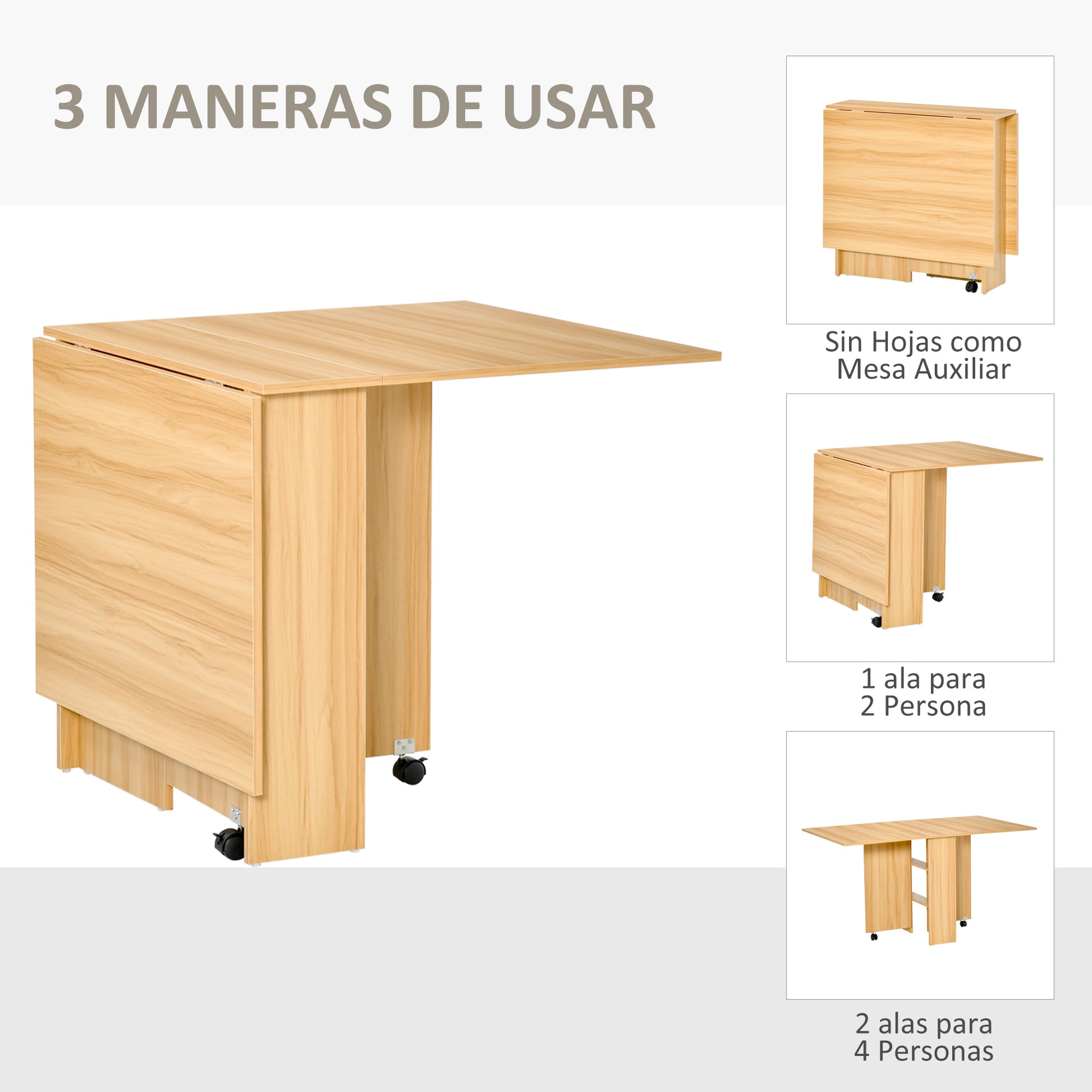 Folding Dining Table Kitchen Table with Wheels Foldable Wings Shelves for 4-6 People 80x140x74cm Natural Wood