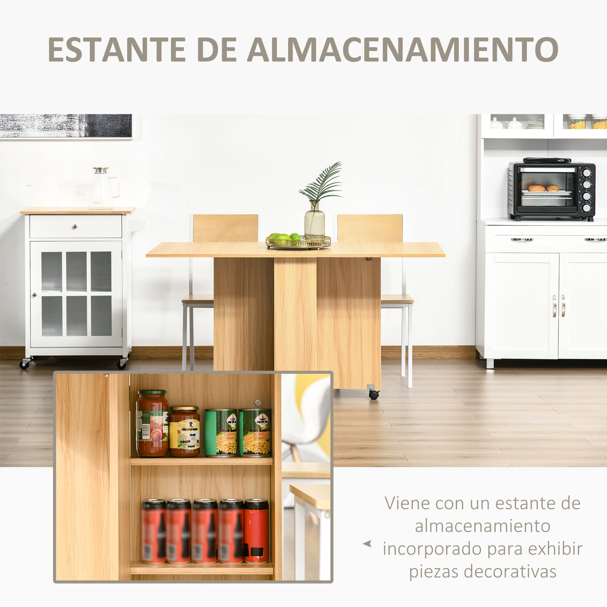 Folding Dining Table Kitchen Table with Wheels Foldable Wings Shelves for 4-6 People 80x140x74cm Natural Wood