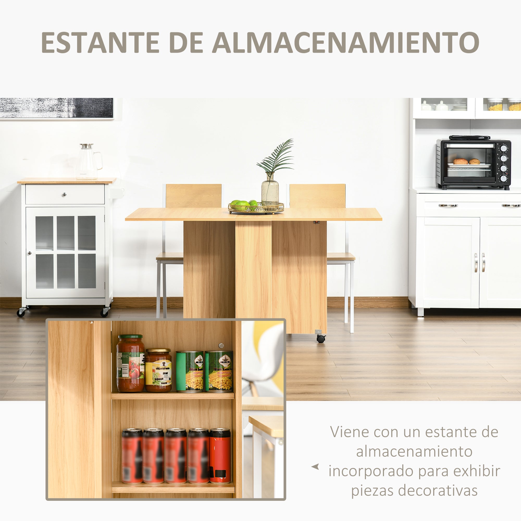 Folding Dining Table Kitchen Table with Wheels Foldable Wings Shelves for 4-6 People 80x140x74cm Natural Wood