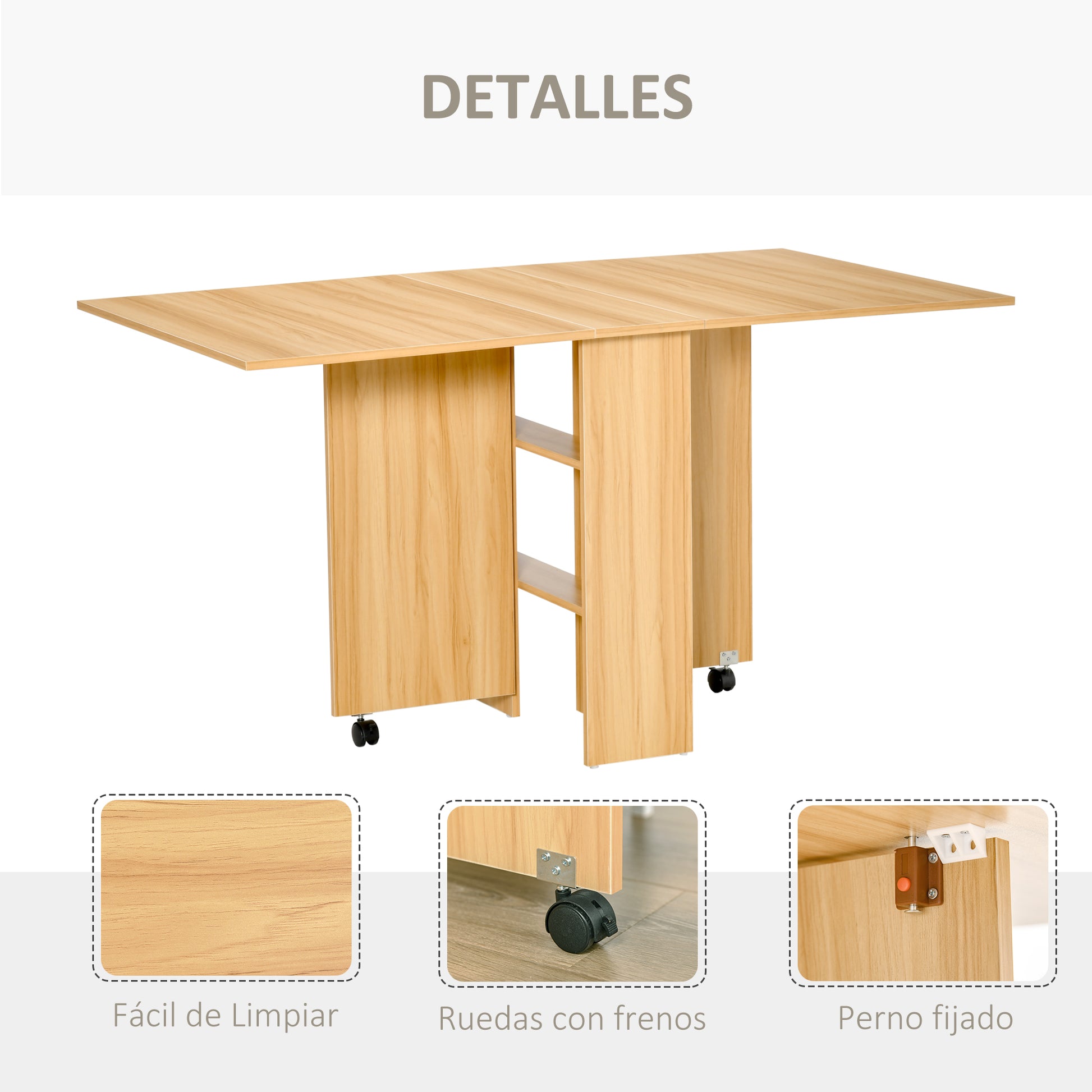 Folding Dining Table Kitchen Table with Wheels Foldable Wings Shelves for 4-6 People 80x140x74cm Natural Wood