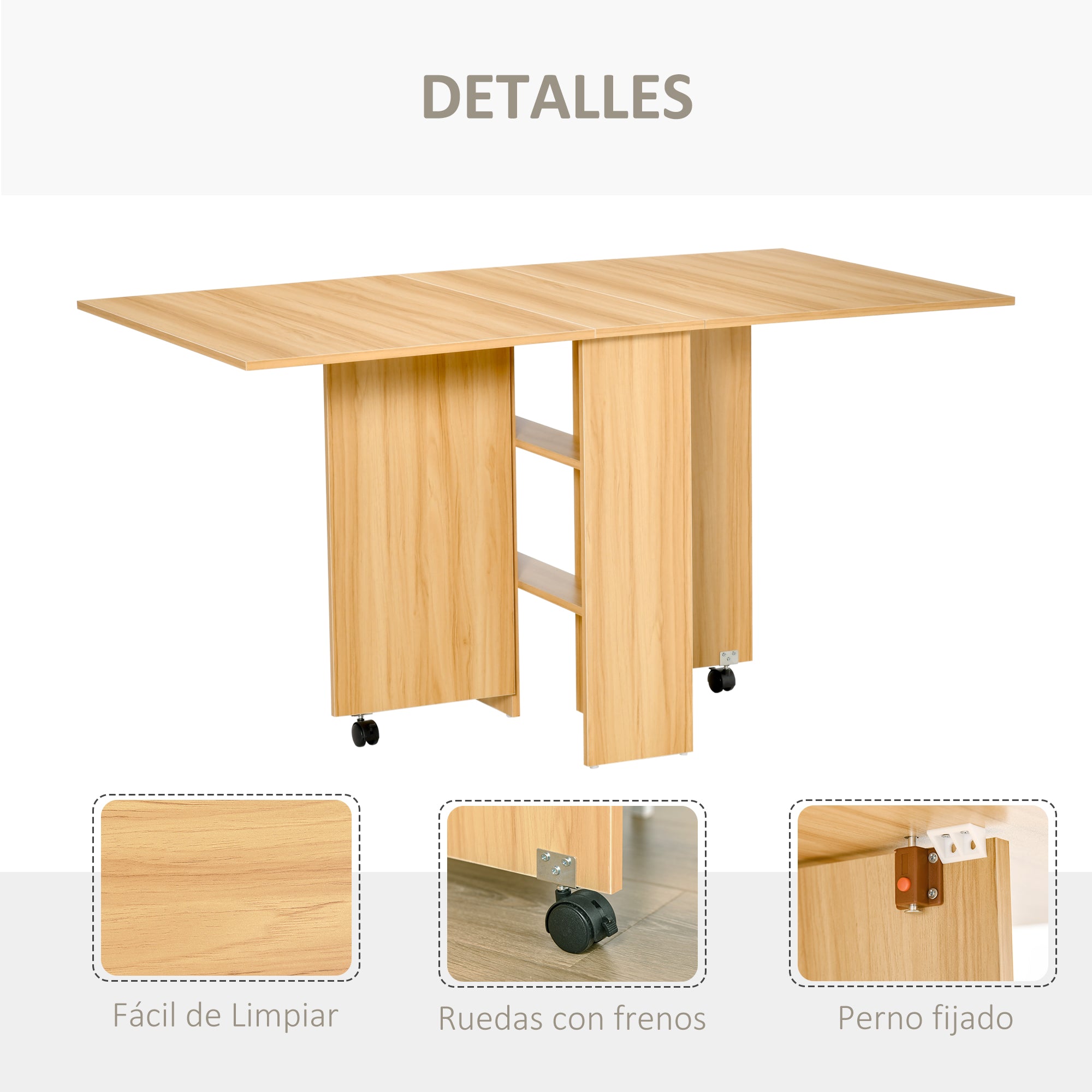 Folding Dining Table Kitchen Table with Wheels Foldable Wings Shelves for 4-6 People 80x140x74cm Natural Wood