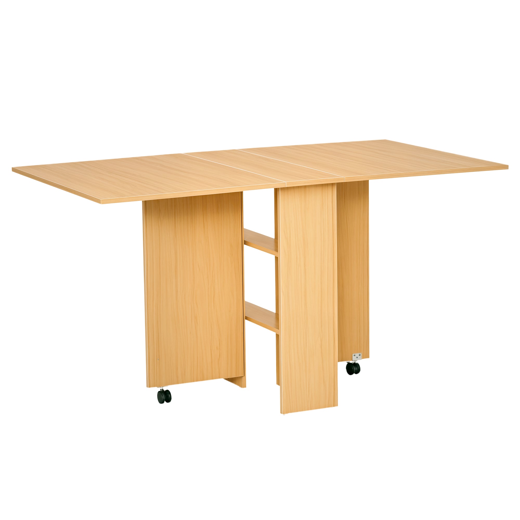 Folding Dining Table Kitchen Table with Wheels Foldable Wings Shelves for 4-6 People 80x140x74cm Natural Wood