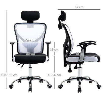 Mesh Office Chair with Adjustable Height Reclining Function Adjustable Headrest and Lumbar Support 62x67x108-118 cm White