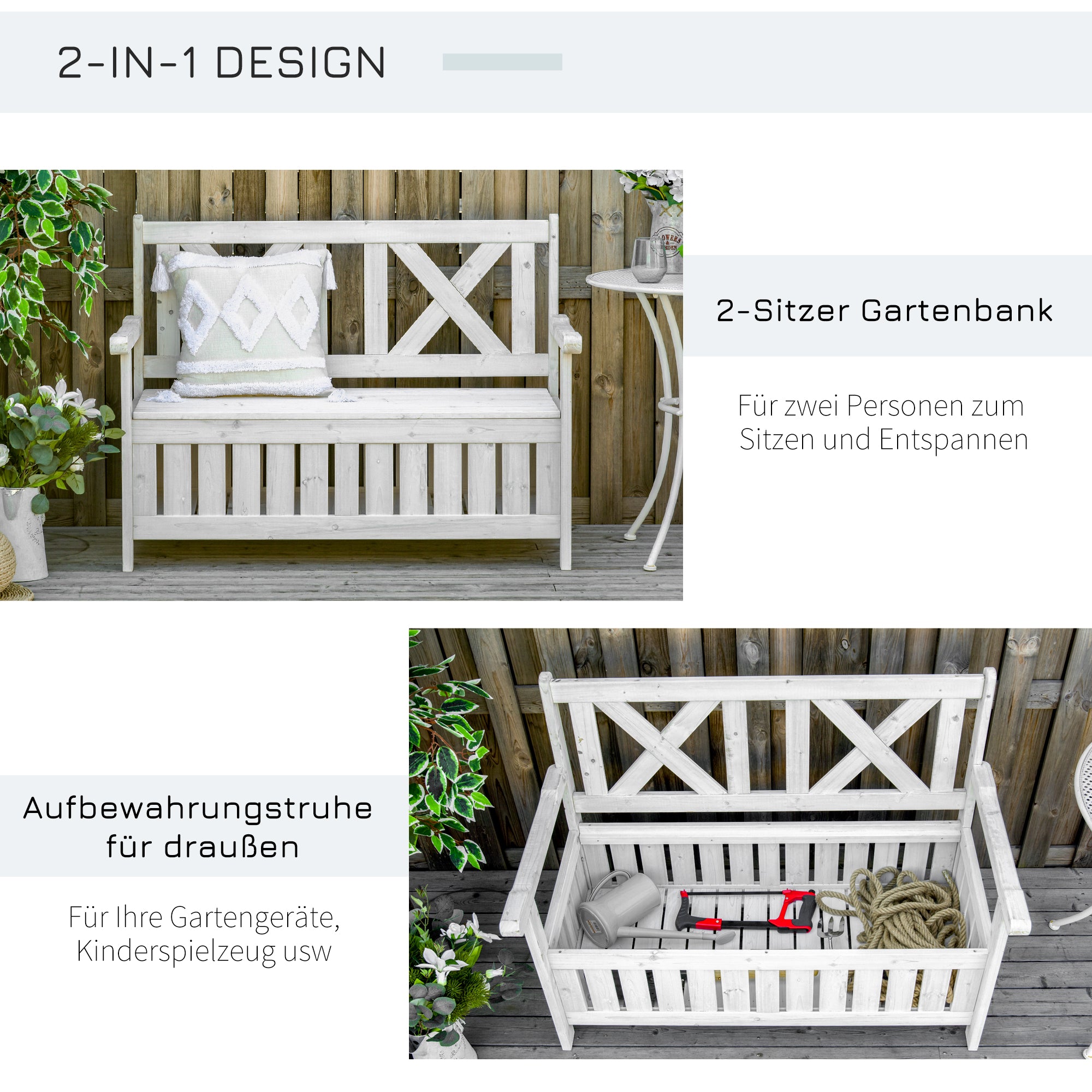 Storage Bench 2-Seater Garden Trunk Bench Cushion Trunk Storage White 115 x 61 x 85 cm