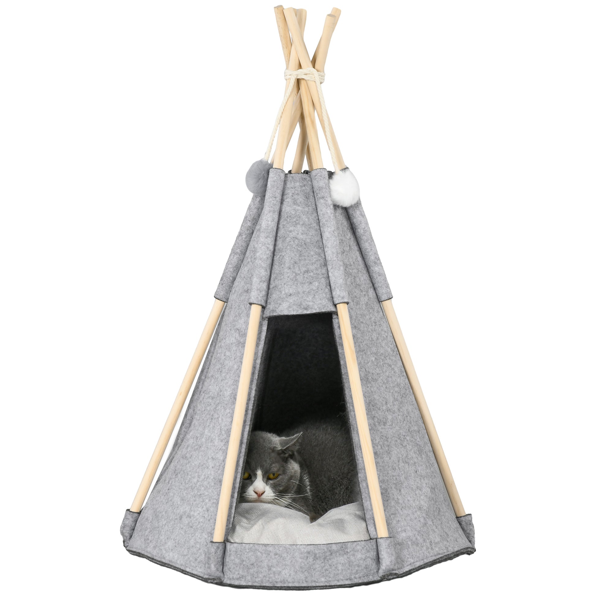 Pet Teepee Tent - Gray teepee for cats or small dogs - thick cushion for maximum comfort 2 pompoms included - pine wood structure felt plush gray