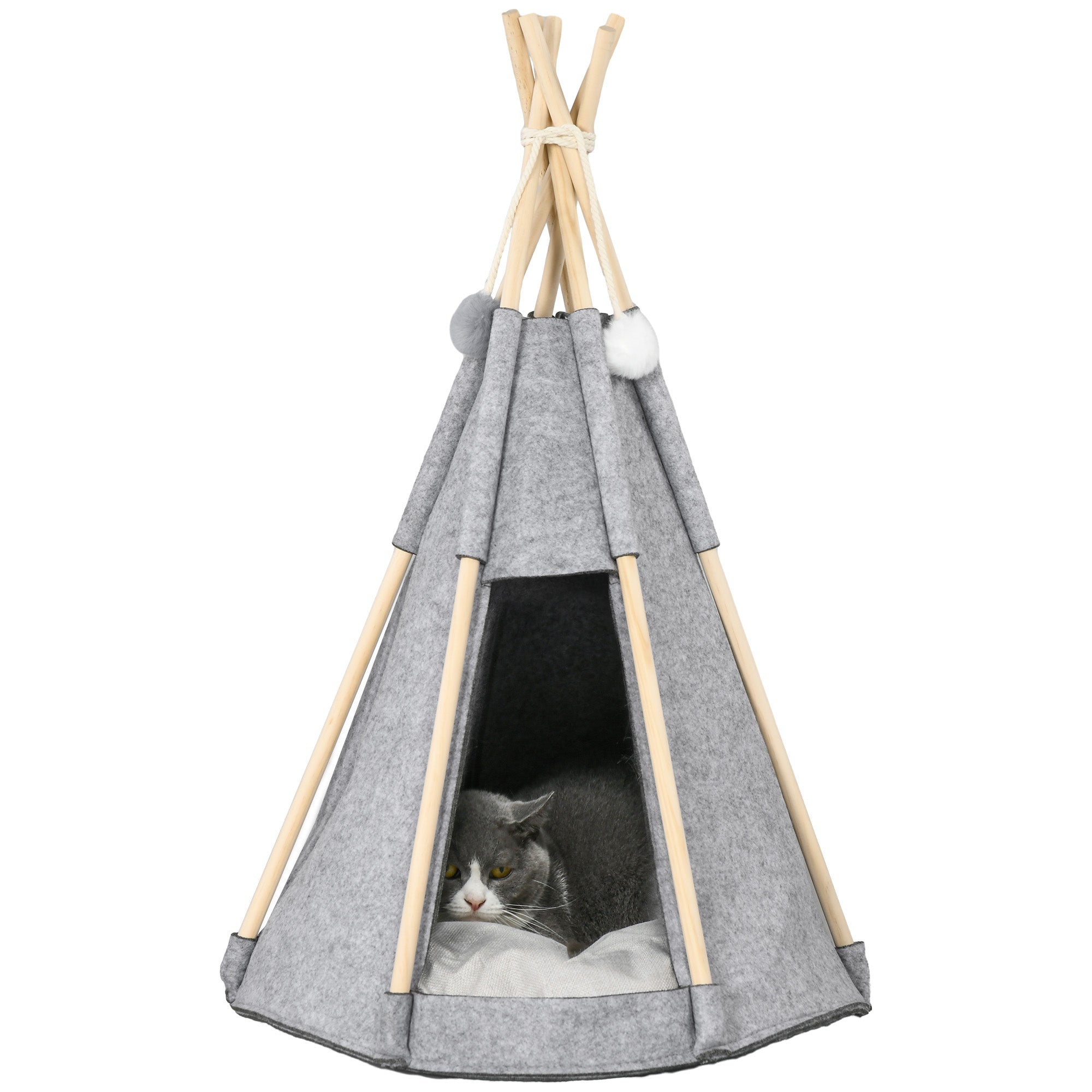 Pet Teepee Tent - Gray teepee for cats or small dogs - thick cushion for maximum comfort 2 pompoms included - pine wood structure felt plush gray