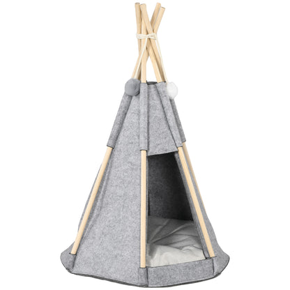 Pet Teepee Tent - Gray teepee for cats or small dogs - thick cushion for maximum comfort 2 pompoms included - pine wood structure felt plush gray
