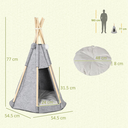 Pet Teepee Tent - Gray teepee for cats or small dogs - thick cushion for maximum comfort 2 pompoms included - pine wood structure felt plush gray