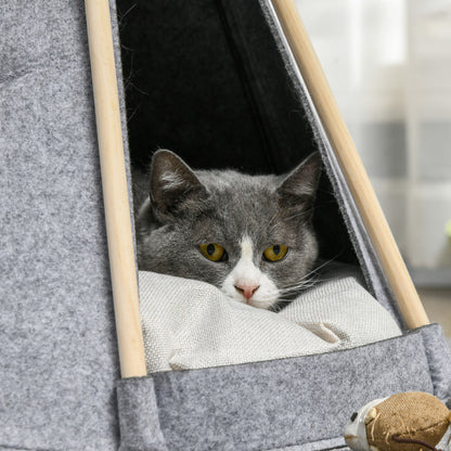 Pet Teepee Tent - Gray teepee for cats or small dogs - thick cushion for maximum comfort 2 pompoms included - pine wood structure felt plush gray