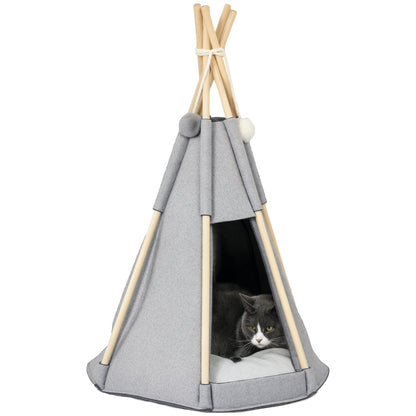 Pet Teepee Tent - Gray teepee for cats or small dogs - thick cushion for maximum comfort 2 pompoms included - pine wood structure felt plush gray