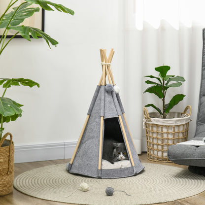 Pet Teepee Tent - Gray teepee for cats or small dogs - thick cushion for maximum comfort 2 pompoms included - pine wood structure felt plush gray