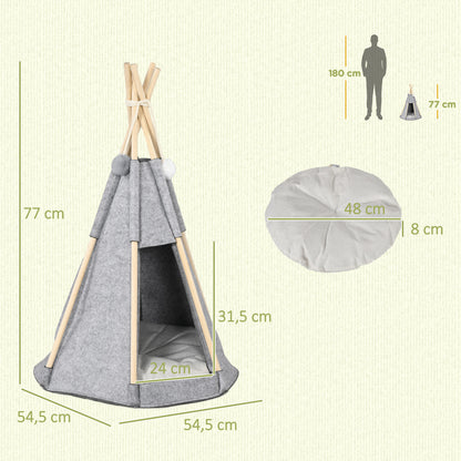 Pet Teepee Tent - Gray teepee for cats or small dogs - thick cushion for maximum comfort 2 pompoms included - pine wood structure felt plush gray
