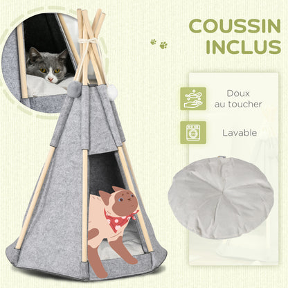 Pet Teepee Tent - Gray teepee for cats or small dogs - thick cushion for maximum comfort 2 pompoms included - pine wood structure felt plush gray