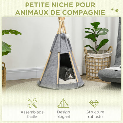 Pet Teepee Tent - Gray teepee for cats or small dogs - thick cushion for maximum comfort 2 pompoms included - pine wood structure felt plush gray