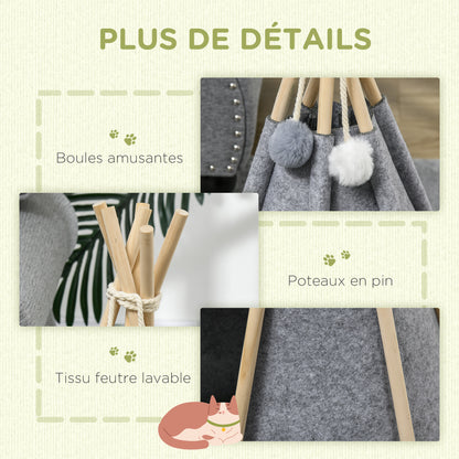 Pet Teepee Tent - Gray teepee for cats or small dogs - thick cushion for maximum comfort 2 pompoms included - pine wood structure felt plush gray