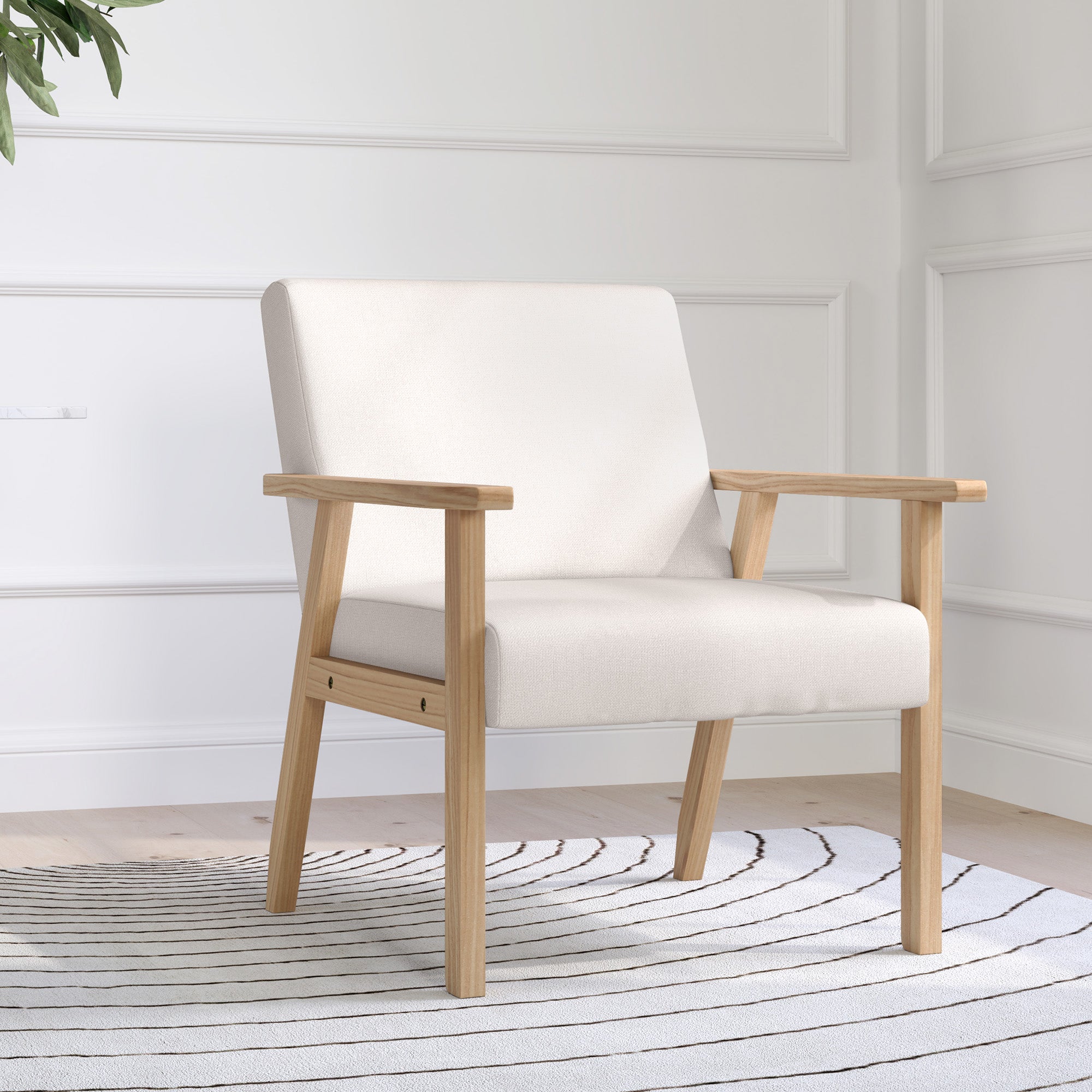 Armchair Living Room Lounge Chair Armchair Relax Chair with Solid Wood Legs, Reading Chair with Linen Look, Upholstered Chair for Bedroom Home Office, Cream White