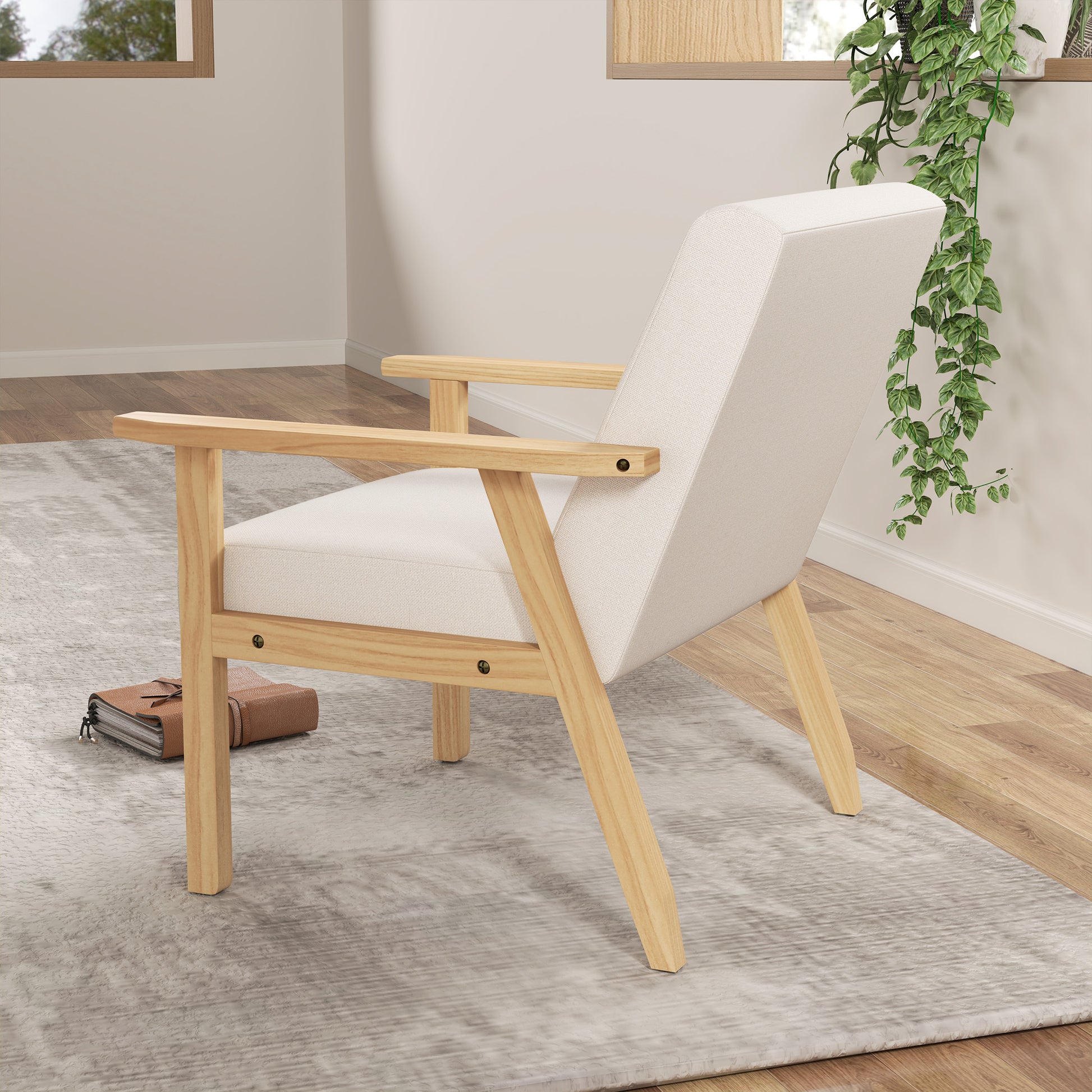 Armchair Living Room Lounge Chair Armchair Relax Chair with Solid Wood Legs, Reading Chair with Linen Look, Upholstered Chair for Bedroom Home Office, Cream White