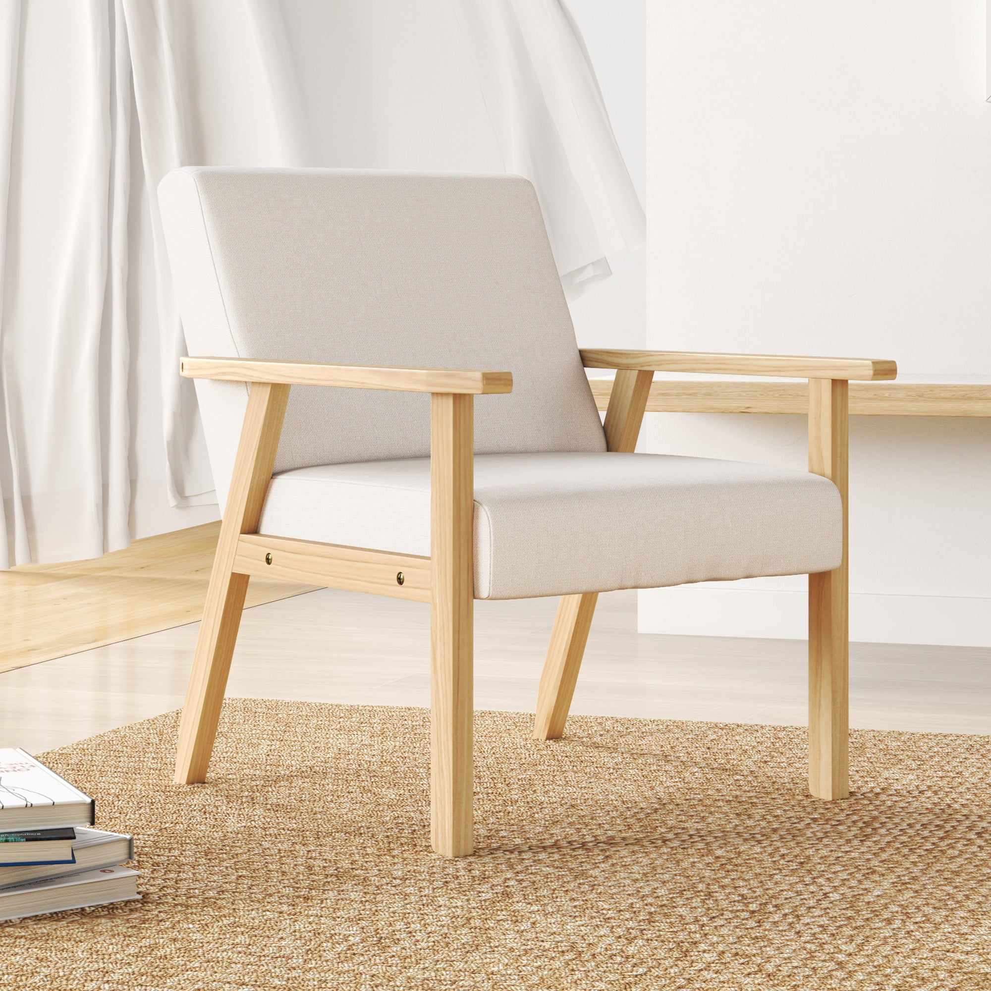 Armchair Living Room Lounge Chair Armchair Relax Chair with Solid Wood Legs, Reading Chair with Linen Look, Upholstered Chair for Bedroom Home Office, Cream White
