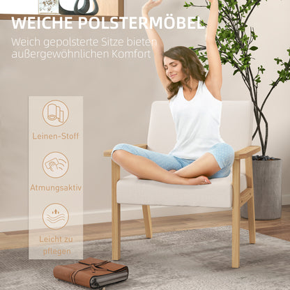 Armchair Living Room Lounge Chair Armchair Relax Chair with Solid Wood Legs, Reading Chair with Linen Look, Upholstered Chair for Bedroom Home Office, Cream White