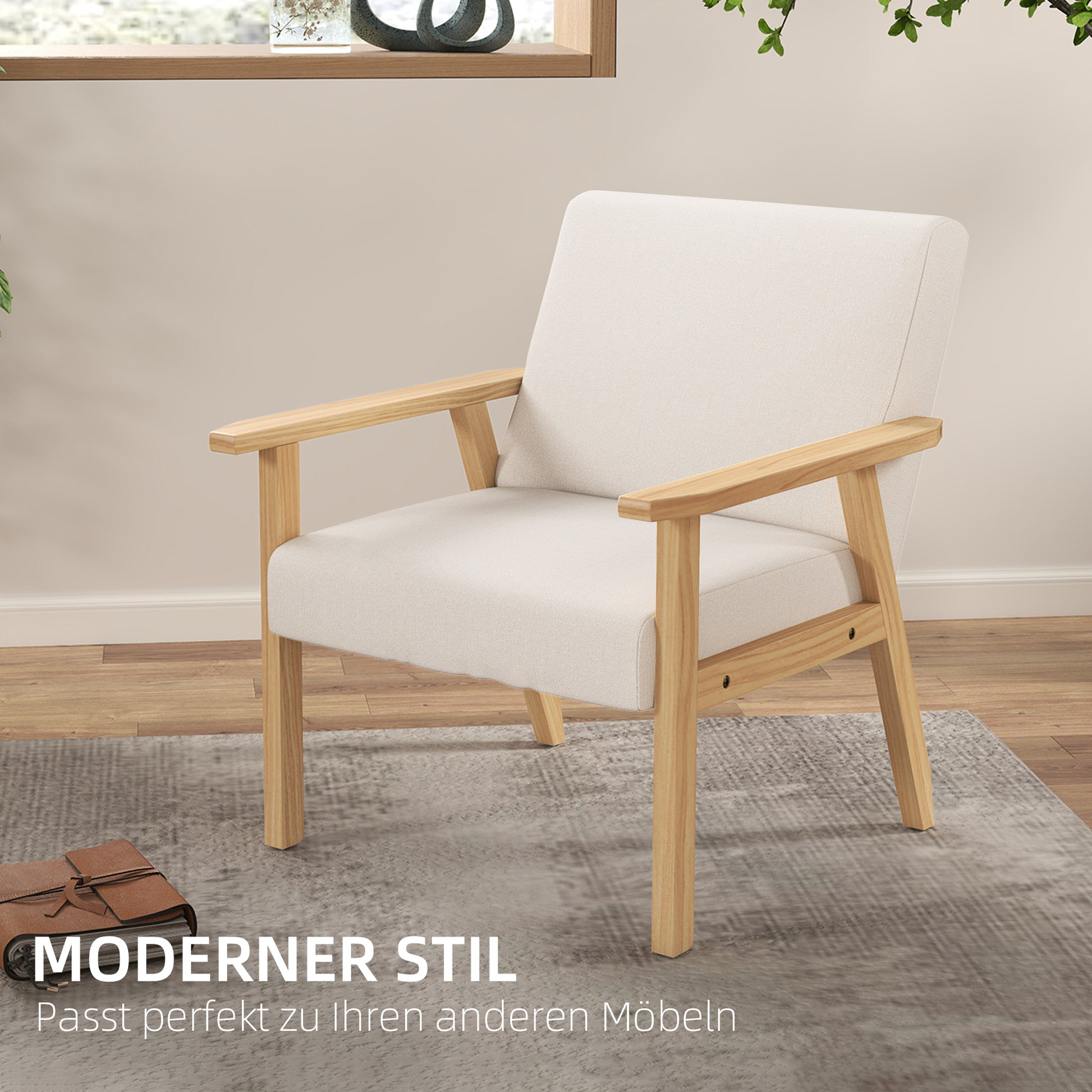 Armchair Living Room Lounge Chair Armchair Relax Chair with Solid Wood Legs, Reading Chair with Linen Look, Upholstered Chair for Bedroom Home Office, Cream White