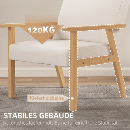 Armchair Living Room Lounge Chair Armchair Relax Chair with Solid Wood Legs, Reading Chair with Linen Look, Upholstered Chair for Bedroom Home Office, Cream White