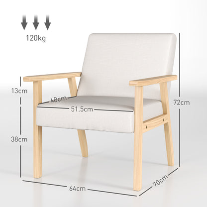 Armchair Living Room Lounge Chair Armchair Relax Chair with Solid Wood Legs, Reading Chair with Linen Look, Upholstered Chair for Bedroom Home Office, Cream White