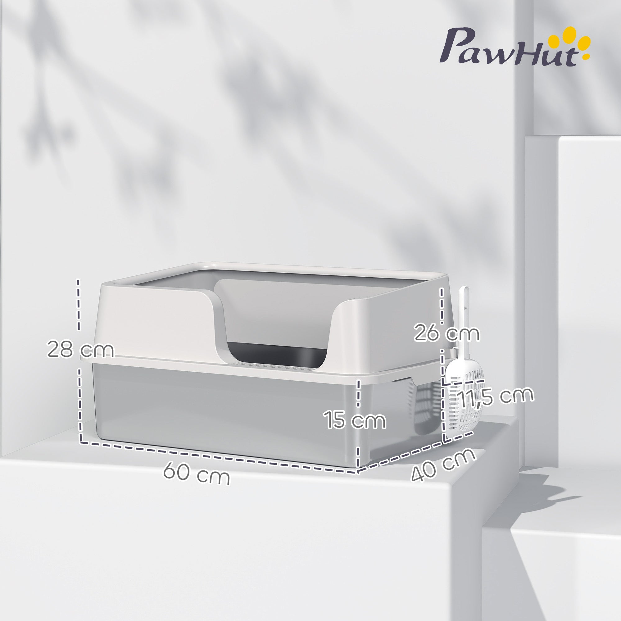 Cat Litter Box, Stainless Steel Cat Litter Box with High Sides, Shovel, Easy Cleaning, Odor Resistant, Suitable for Large Cats, 60 x 40 x 28 cm, Light Gray