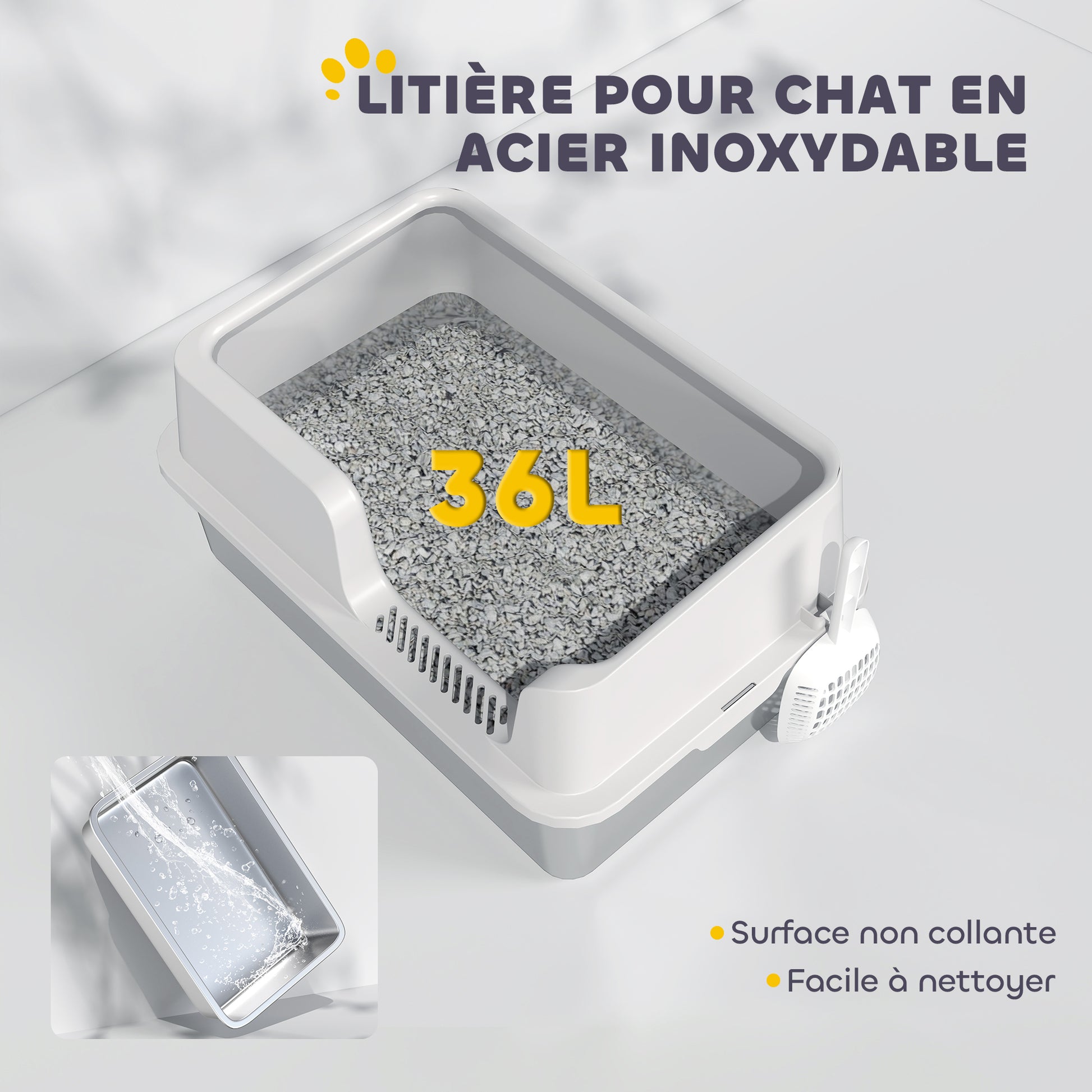 Cat Litter Box, Stainless Steel Cat Litter Box with High Sides, Shovel, Easy Cleaning, Odor Resistant, Suitable for Large Cats, 60 x 40 x 28 cm, Light Gray