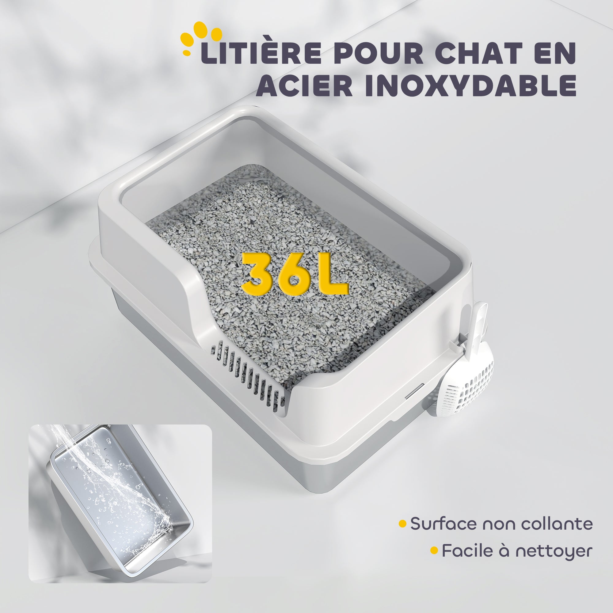 Cat Litter Box, Stainless Steel Cat Litter Box with High Sides, Shovel, Easy Cleaning, Odor Resistant, Suitable for Large Cats, 60 x 40 x 28 cm, Light Gray