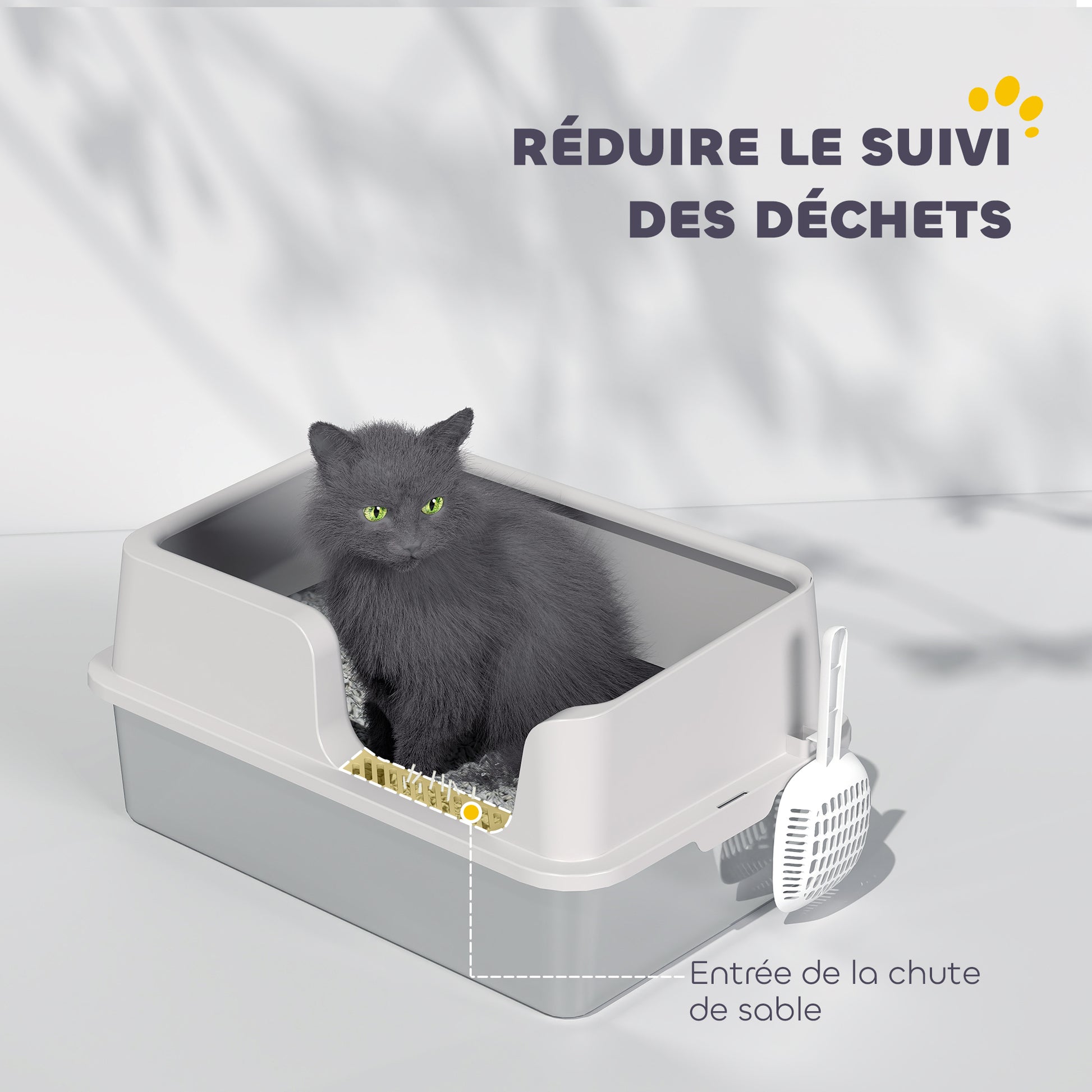 Cat Litter Box, Stainless Steel Cat Litter Box with High Sides, Shovel, Easy Cleaning, Odor Resistant, Suitable for Large Cats, 60 x 40 x 28 cm, Light Gray