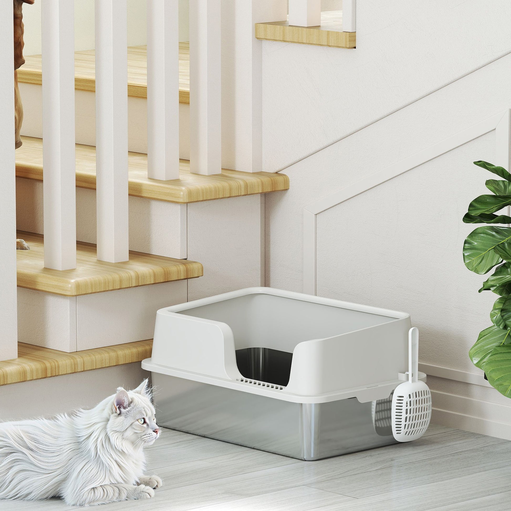Cat Litter Box, Stainless Steel Cat Litter Box with High Sides, Shovel, Easy Cleaning, Odor Resistant, Suitable for Large Cats, 60 x 40 x 28 cm, Light Gray