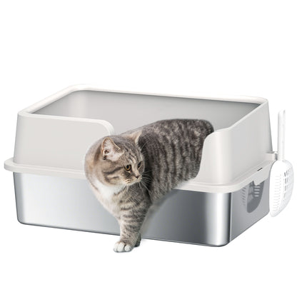 Cat Litter Box, Stainless Steel Cat Litter Box with High Sides, Shovel, Easy Cleaning, Odor Resistant, Suitable for Large Cats, 60 x 40 x 28 cm, Light Gray