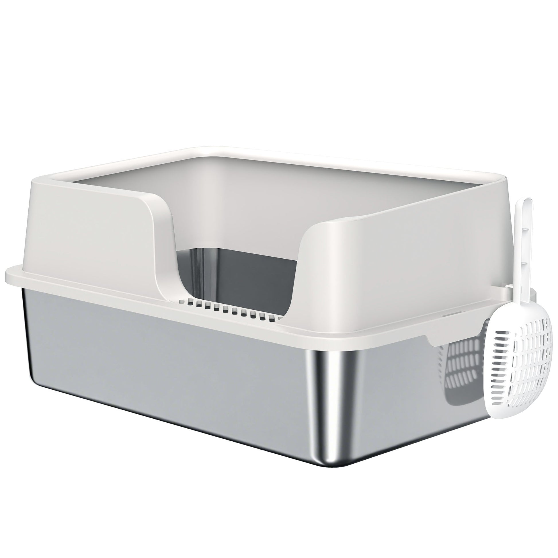 Cat Litter Box, Stainless Steel Cat Litter Box with High Sides, Shovel, Easy Cleaning, Odor Resistant, Suitable for Large Cats, 60 x 40 x 28 cm, Light Gray