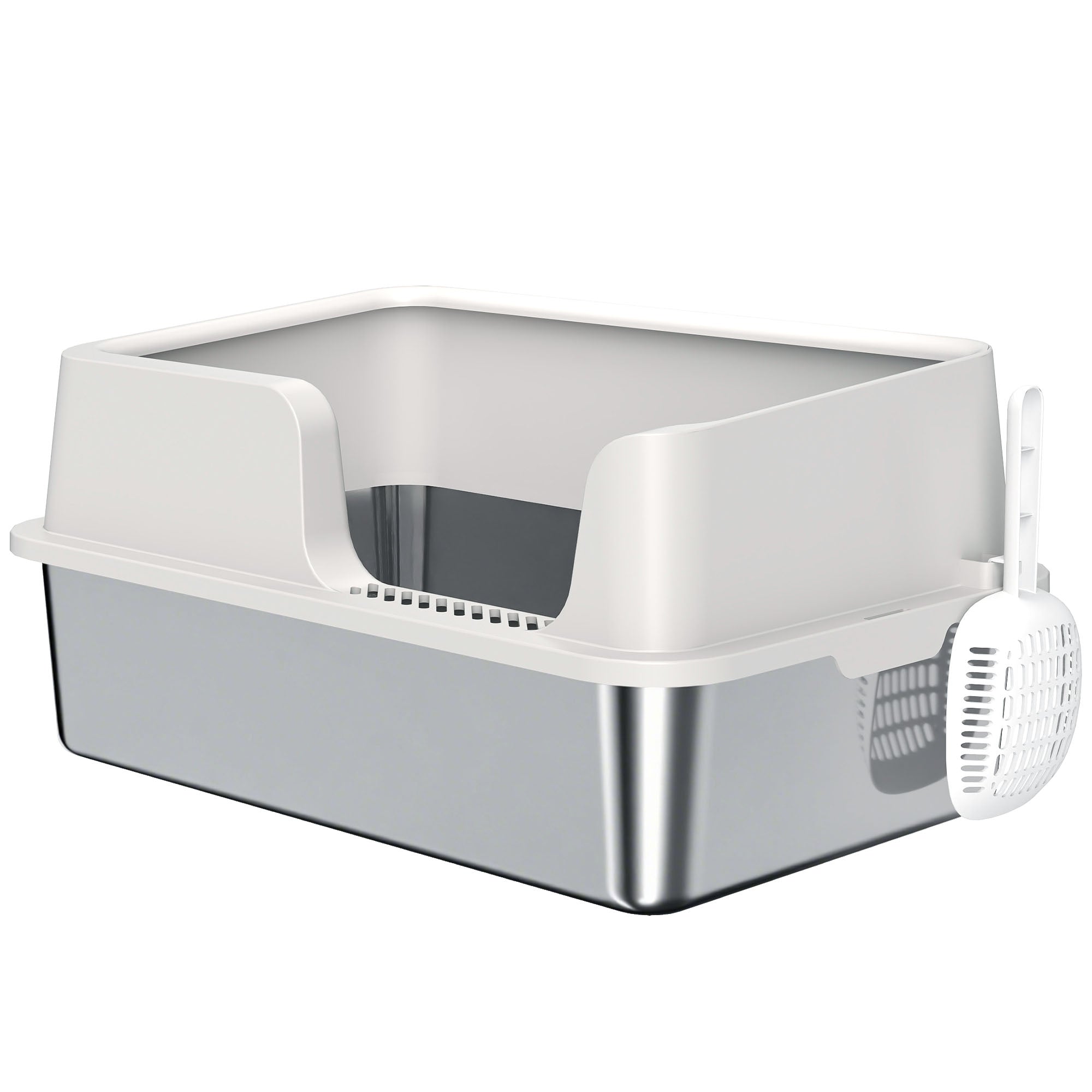 Cat Litter Box, Stainless Steel Cat Litter Box with High Sides, Shovel, Easy Cleaning, Odor Resistant, Suitable for Large Cats, 60 x 40 x 28 cm, Light Gray