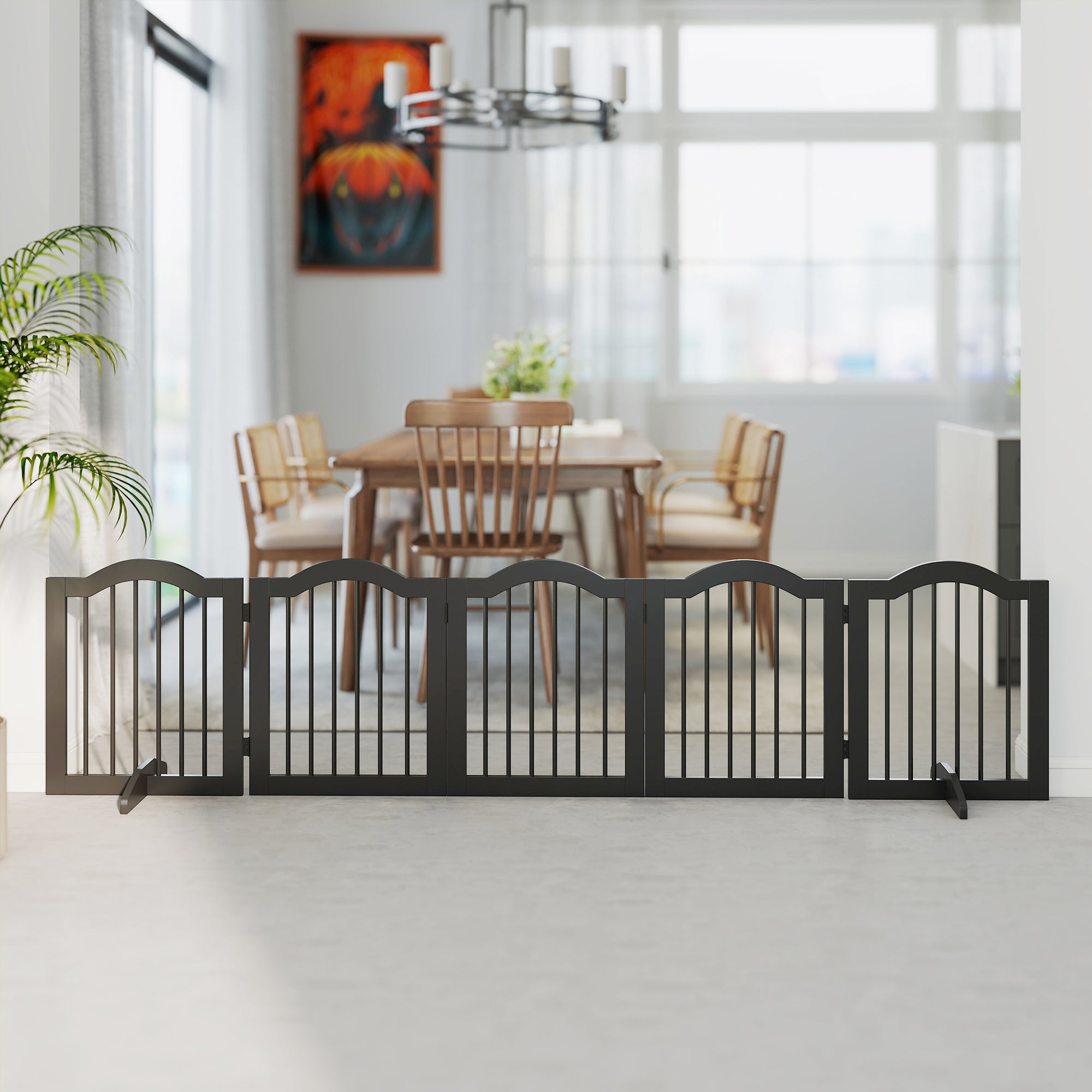 5-Piece Dog Gate, 103 x 24 in Folding Gate with Door, Freestanding Safety Gate with 2 Support Feet for Kitchen and Hallway, Black