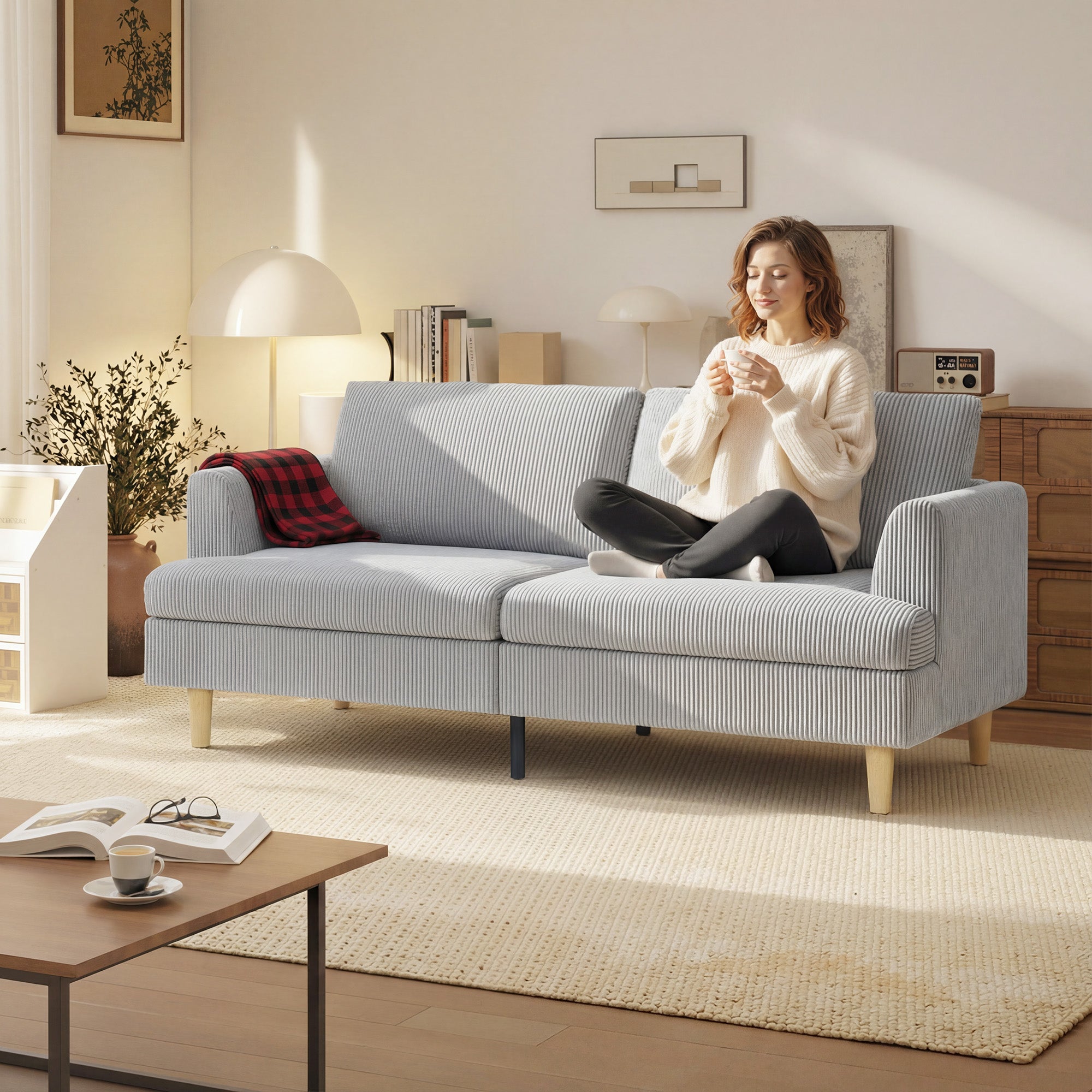 3-Seater Sofa with Armrests, Upholstered Cord Texture, Pocket-Spring Lounge Sofa for Living Room or Bedroom — 188 x 80 x 86 cm (74 x 31.5 x 33.9 in), Light Gray