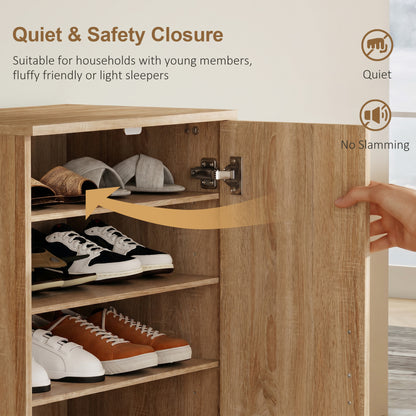 2-Door Shoe Cabinet with 6 Adjustable Shelves, Soft-Close Doors, Stores up to 14 Pairs, Natural Wood Finish (55 x 35 x 108 cm)