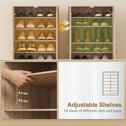 2-Door Shoe Cabinet with 6 Adjustable Shelves, Soft-Close Doors, Stores up to 14 Pairs, Natural Wood Finish (55 x 35 x 108 cm)
