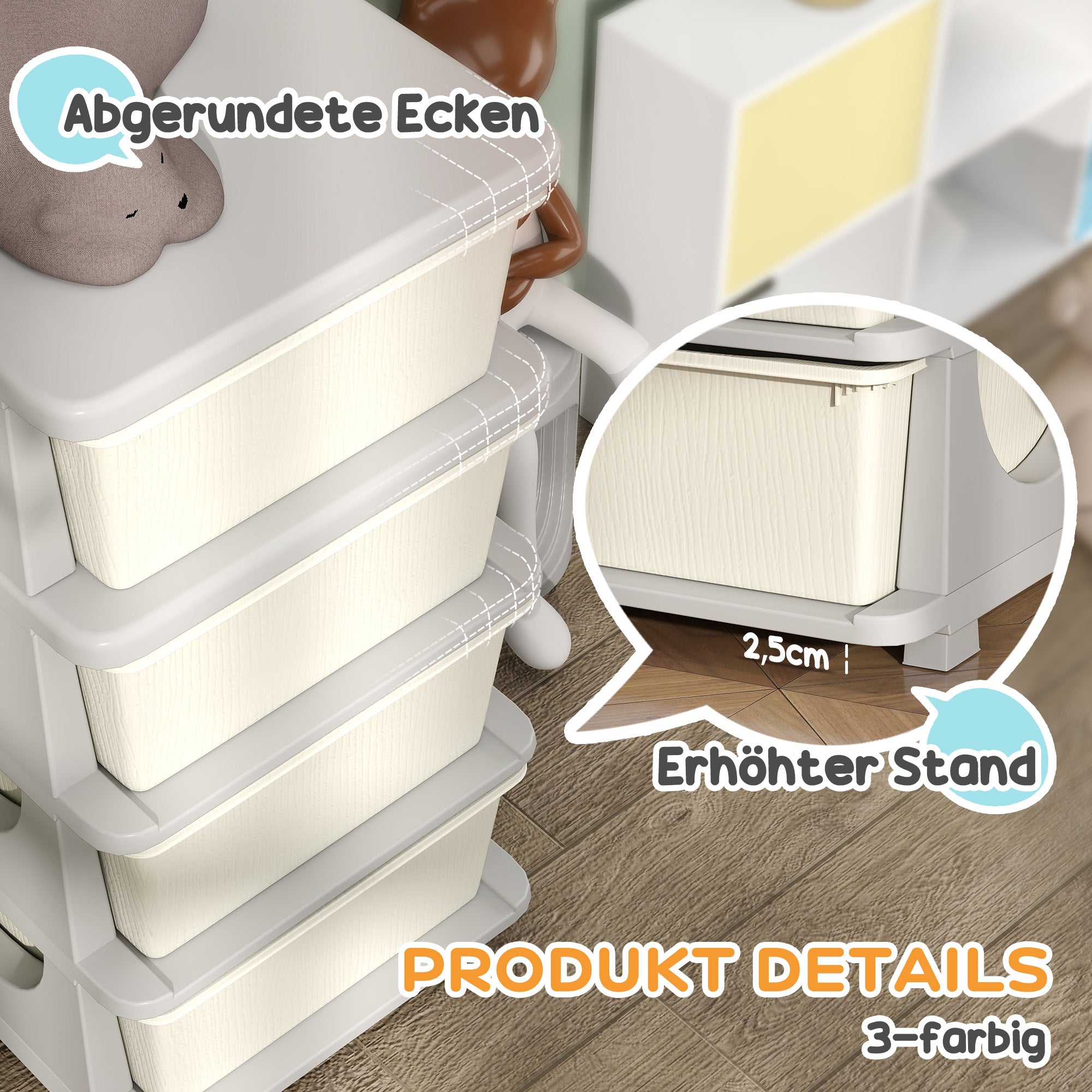 Drawer Cabinet for Kids with Storage Space Storage Boxes Toy Organizer Toy Box Four Levels for Children's Room 3-6 Years Children's Furniture Cream White 37 x 37 x 76 cm