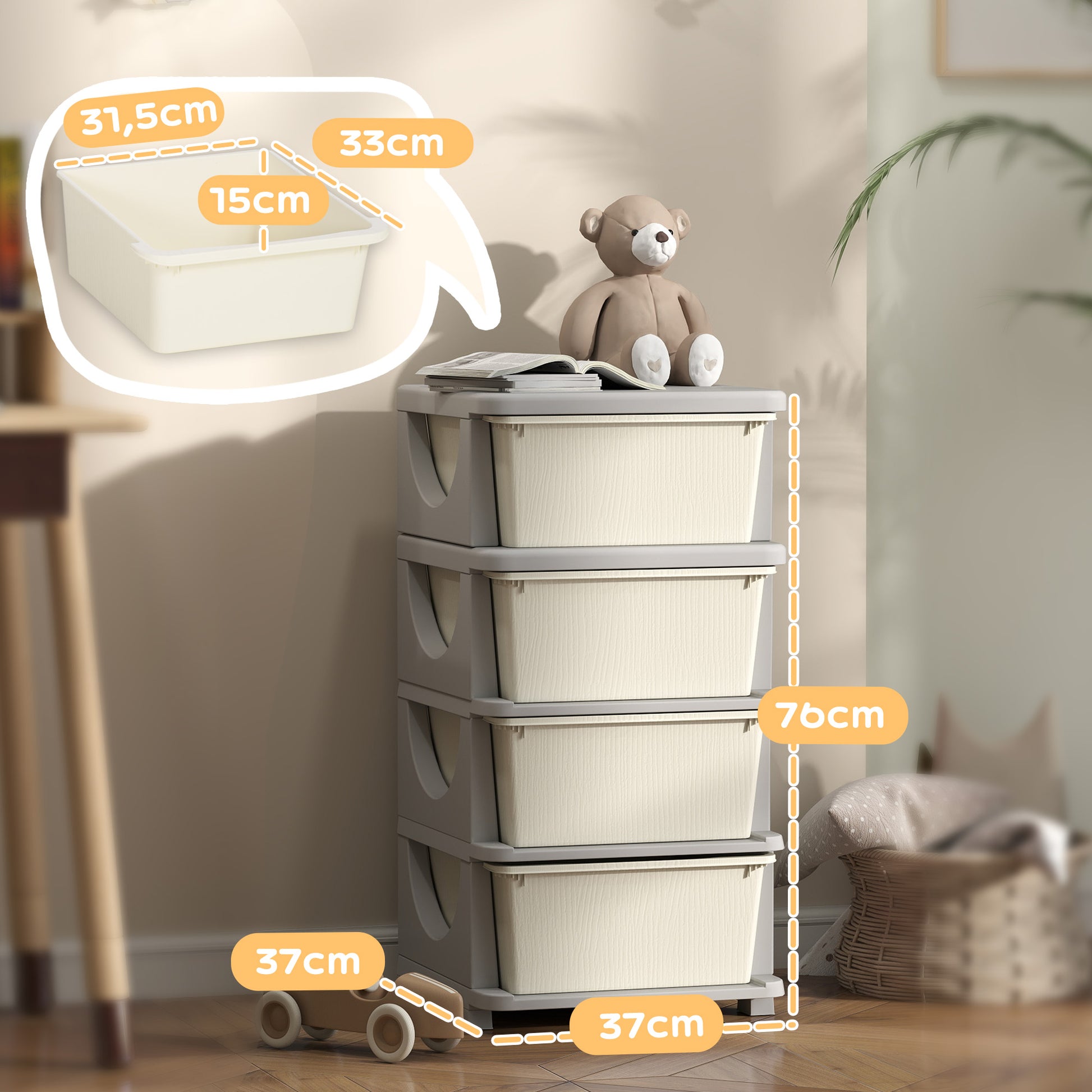 Drawer Cabinet for Kids with Storage Space Storage Boxes Toy Organizer Toy Box Four Levels for Children's Room 3-6 Years Children's Furniture Cream White 37 x 37 x 76 cm