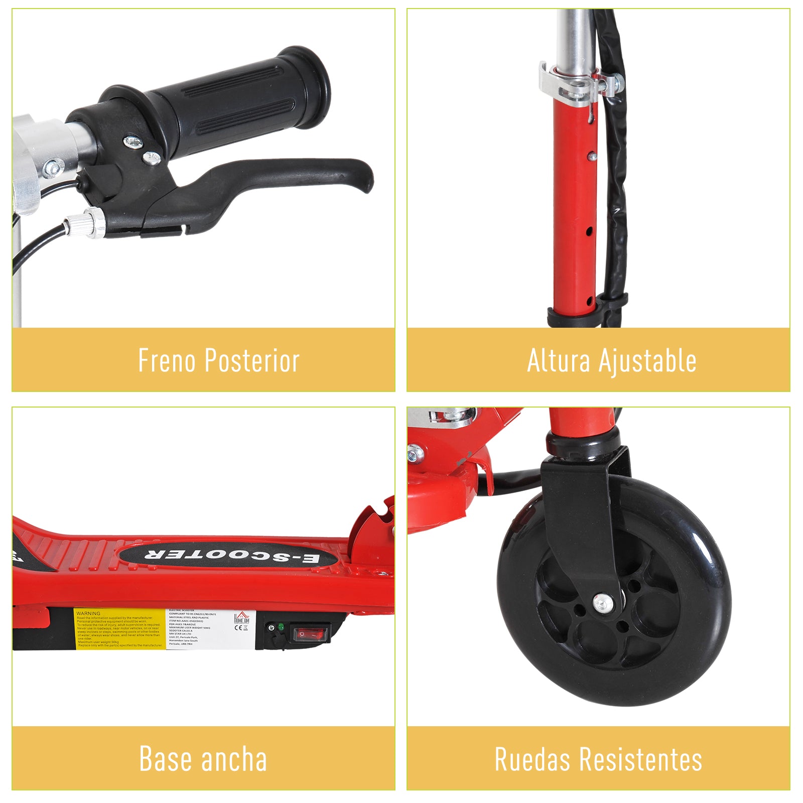 Electric Scooter for Kids 7+ Foldable Scooter with Adjustable Height Rechargeable Battery 24V Speed up to 12 km/h and Brake Load 50 kg 74x36x82.5-92.5 cm Red