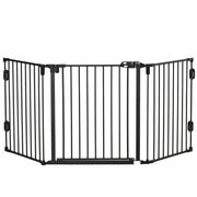 Dog Barrier Gate Door Guard Pet Safety Gate Adjustable Foldable Fireplace Gate with Automatic Closing Door 3 Panels for Stove Wall Mounting/Free-standing Black 202.5 x 76 cm