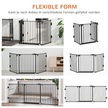 Dog Barrier Gate Door Guard Pet Safety Gate Adjustable Foldable Fireplace Gate with Automatic Closing Door 3 Panels for Stove Wall Mounting/Free-standing Black 202.5 x 76 cm