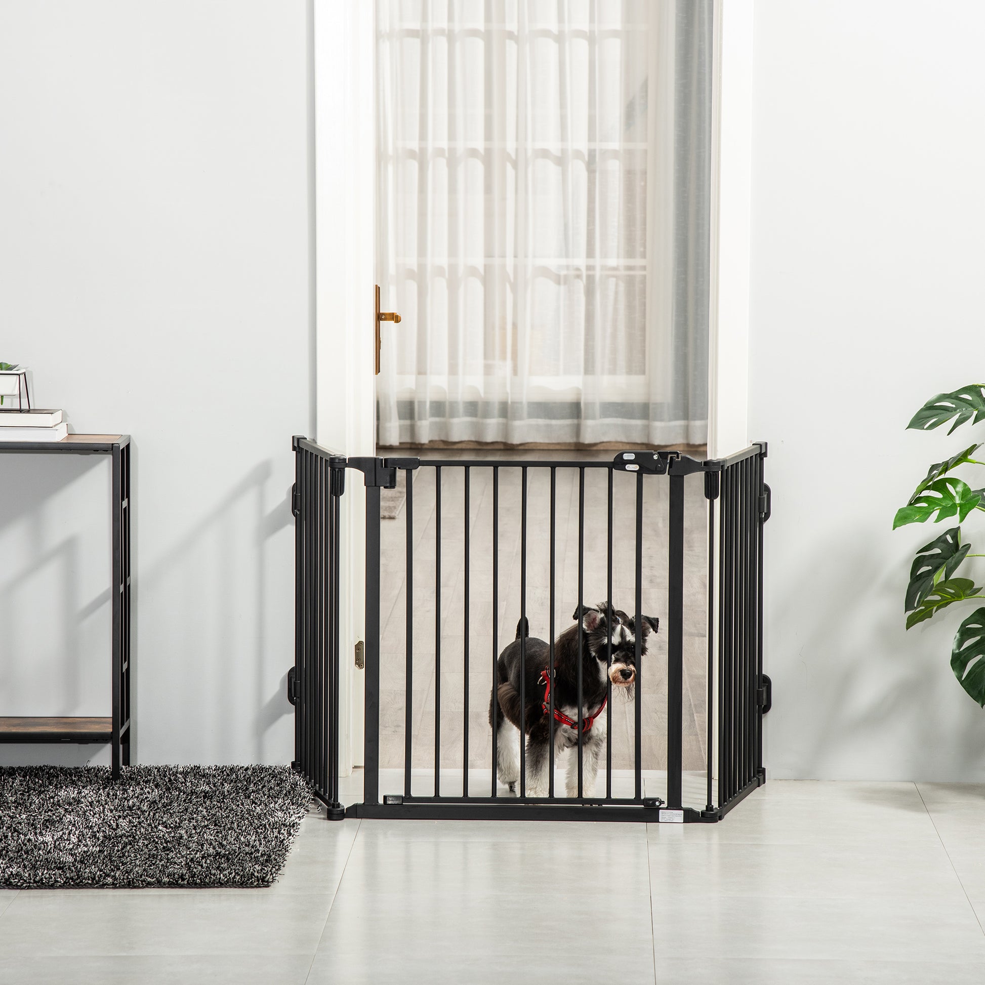 Dog Barrier Gate Door Guard Pet Safety Gate Adjustable Foldable Fireplace Gate with Automatic Closing Door 3 Panels for Stove Wall Mounting/Free-standing Black 202.5 x 76 cm