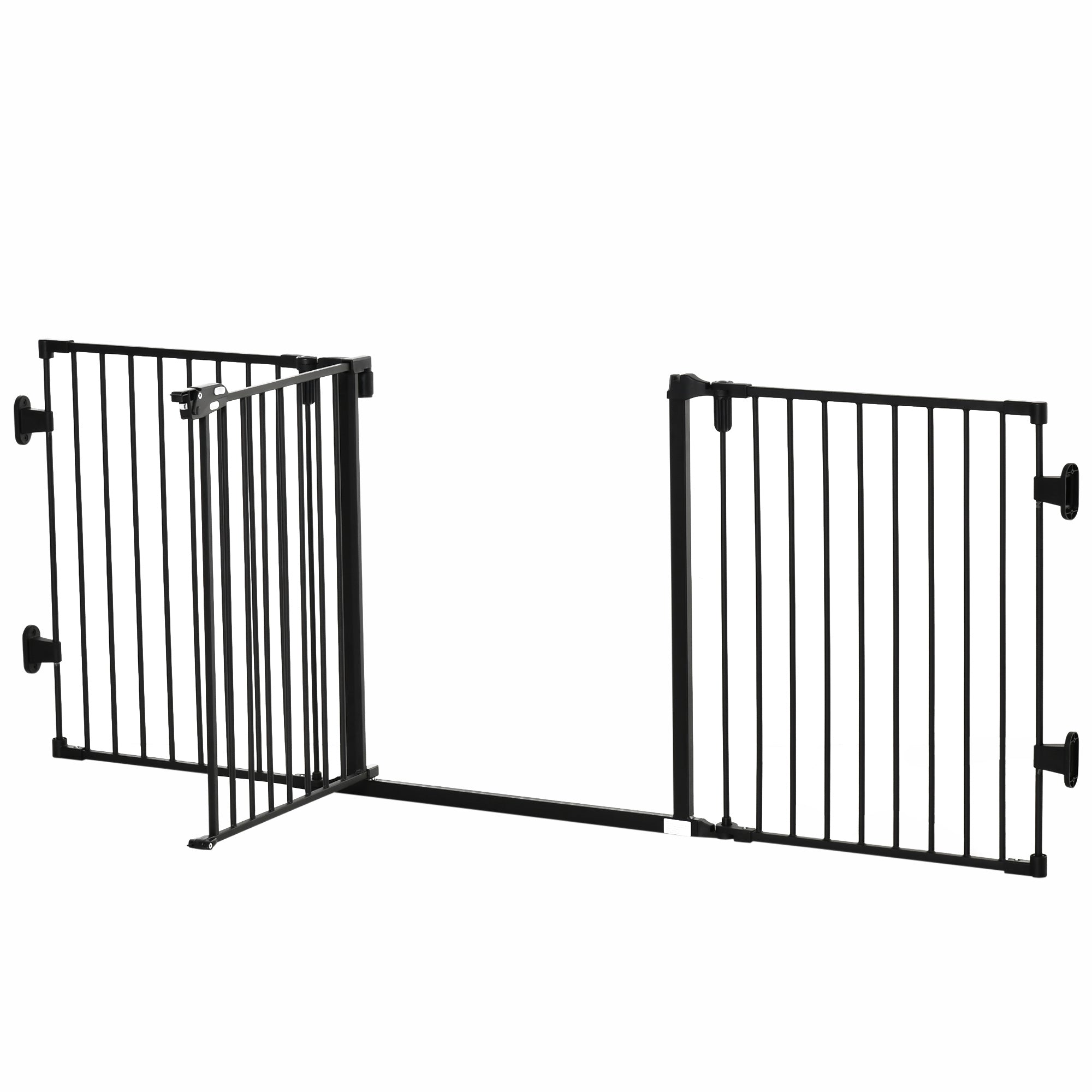 Dog Barrier Gate Door Guard Pet Safety Gate Adjustable Foldable Fireplace Gate with Automatic Closing Door 3 Panels for Stove Wall Mounting/Free-standing Black 202.5 x 76 cm