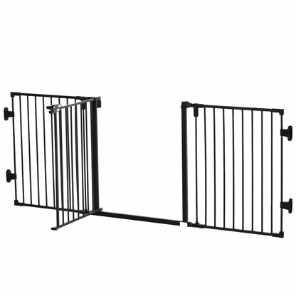 Dog Barrier Gate Door Guard Pet Safety Gate Adjustable Foldable Fireplace Gate with Automatic Closing Door 3 Panels for Stove Wall Mounting/Free-standing Black 202.5 x 76 cm