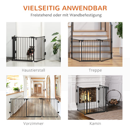 Dog Barrier Gate Door Guard Pet Safety Gate Adjustable Foldable Fireplace Gate with Automatic Closing Door 3 Panels for Stove Wall Mounting/Free-standing Black 202.5 x 76 cm